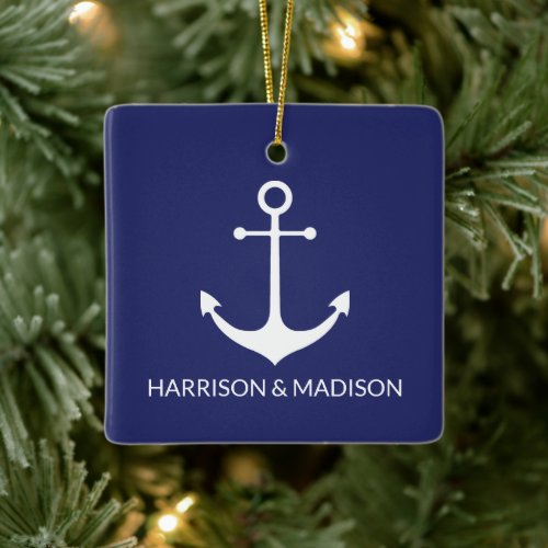 Nautical anchor navy blue custom couple names  ceramic ornament