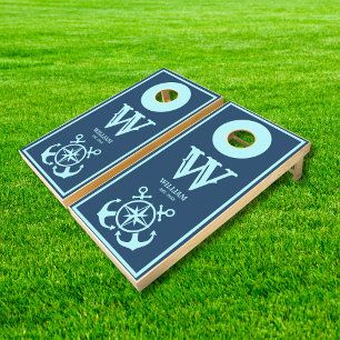 Nautical Anchor Navy Blue Custom monogram name Cornhole Set
