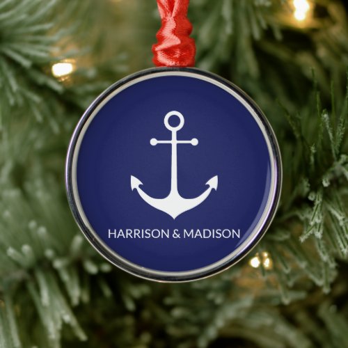 Nautical anchor navy blue custom text minimalist  metal ornament