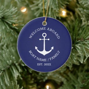Nautical Anchor navy blue custom Welcome Aboard Ceramic Ornament