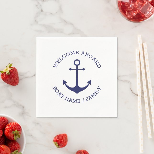 Nautical anchor navy blue Custom Welcome Aboard  Napkins (Insitu)