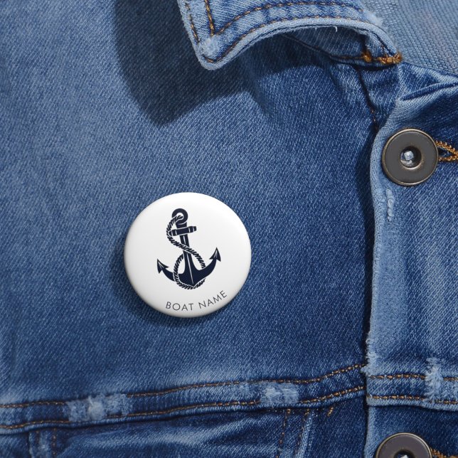 Nautical Anchor Navy Blue Cute Boat Name Custom Button (Nautical Anchor Boating Swag Custom Boat Name Button)