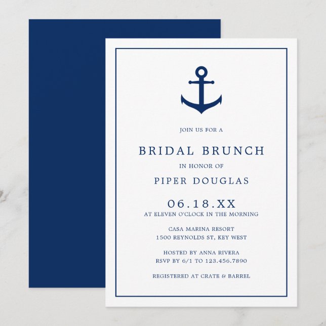 Nautical Anchor Navy Blue Elegant Bridal Brunch Invitation (Front/Back)