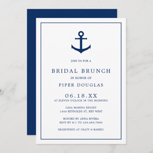 Nautical Anchor Navy Blue Elegant Bridal Brunch Invitation