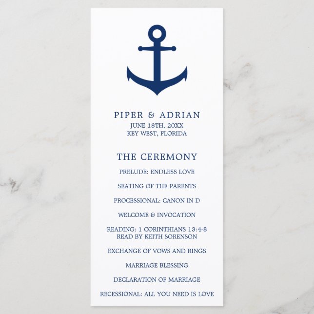 Nautical Anchor Navy Blue Elegant Wedding Program (Front)