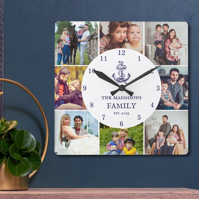 Nautical Anchor Navy Blue Family 8 Photo Collage Square Wall Clock (Creator Uploaded)