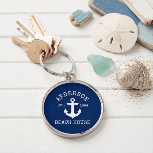 Nautical Anchor Navy Blue Family Beach House Keychain