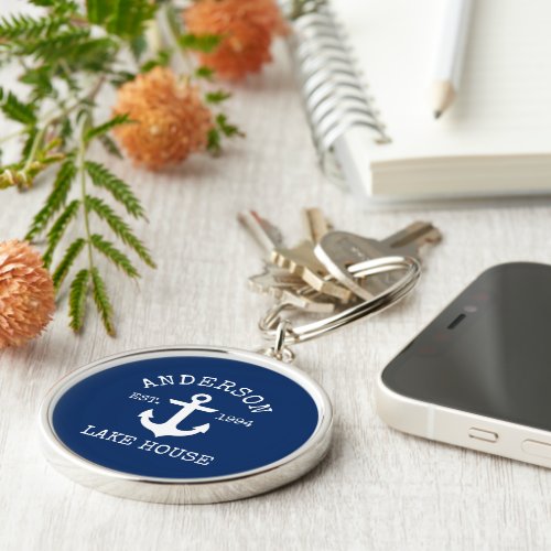 Nautical Anchor Navy Blue Family Lake House Keychain