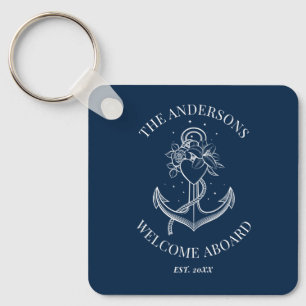 Nautical Anchor Navy Blue Family Name Keychain