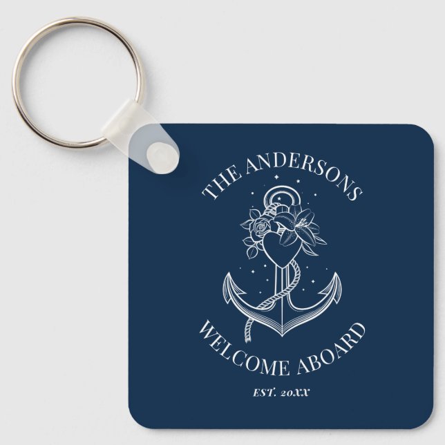 Nautical Anchor Navy Blue Family Name Keychain (Front)