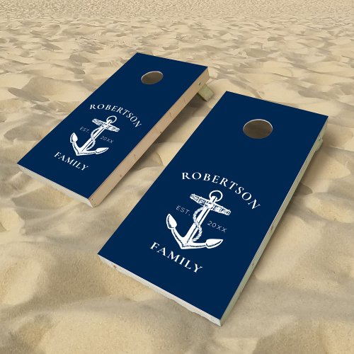 Nautical Anchor Navy Blue Family Name Monogram Cornhole Set