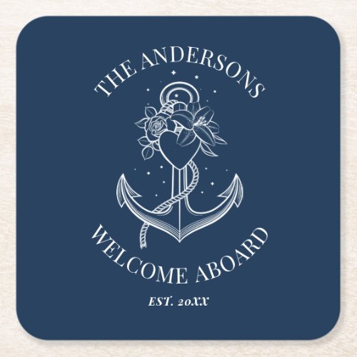 Nautical Anchor Navy Blue Family Name Square Paper Coaster
