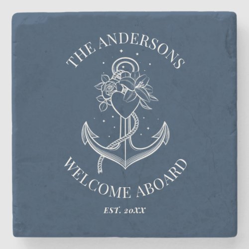 Nautical Anchor Navy Blue Family Name Stone Coaster