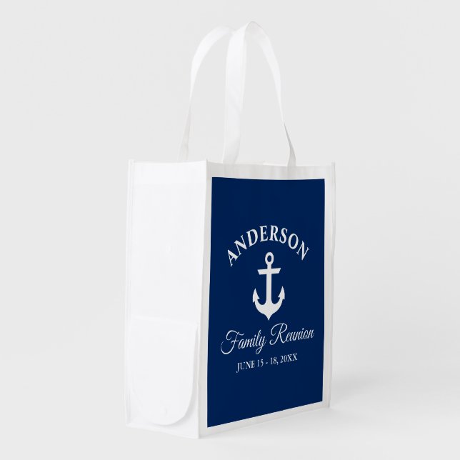Nautical Anchor Navy Blue Family Reunion Reusable Grocery Bag (Front Side)