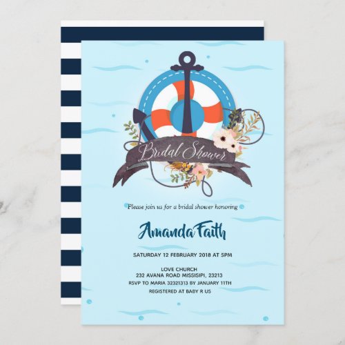 Nautical Anchor Navy Blue Floral Baby Shower Invitation