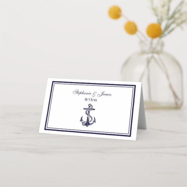 Nautical Anchor Navy Blue Framed 2 Escort Card (Front)