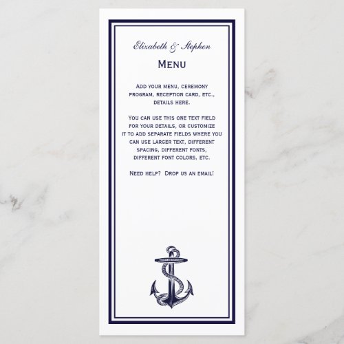 Nautical Anchor Navy Blue Framed 2 Menu Card
