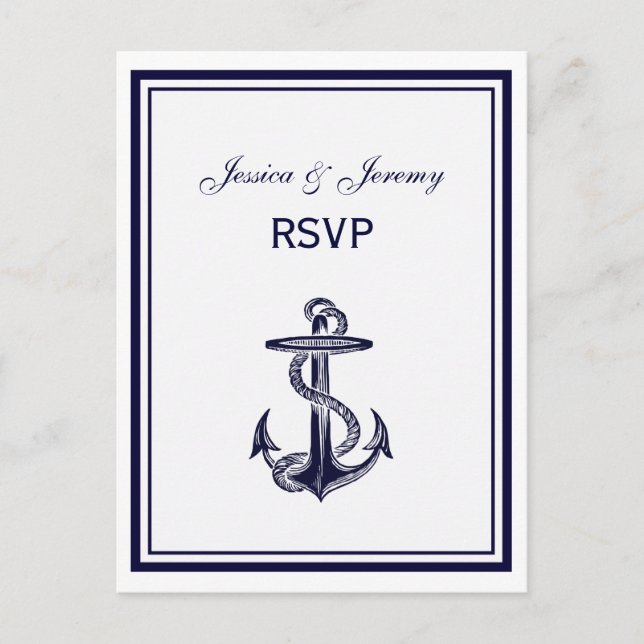 Nautical Anchor Navy Blue Framed 2 RSVP 1 Invitation Postcard (Front)