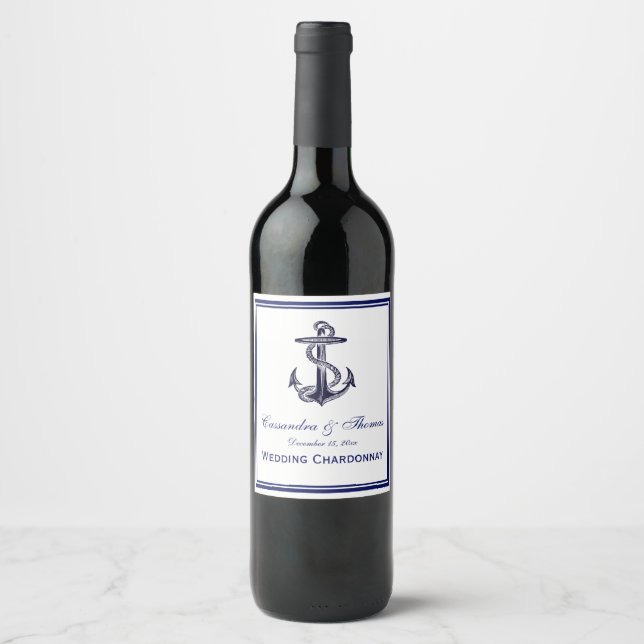 Nautical Anchor Navy Blue Framed 2 Wine Label (Front)