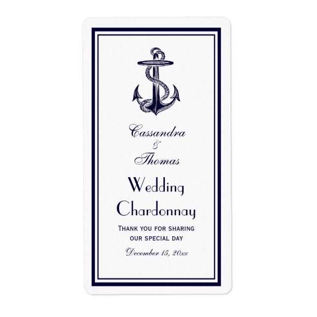 Nautical Anchor Navy Blue Framed 2BV Wine Bottle Label (Front)