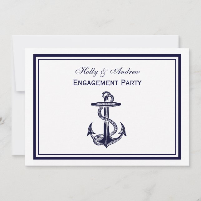 Nautical Anchor Navy Blue Framed 2H Engagement Invitation (Front)