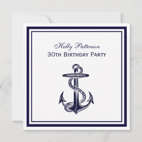 Nautical Anchor Navy Blue Framed 2S Birthday Party Invitation