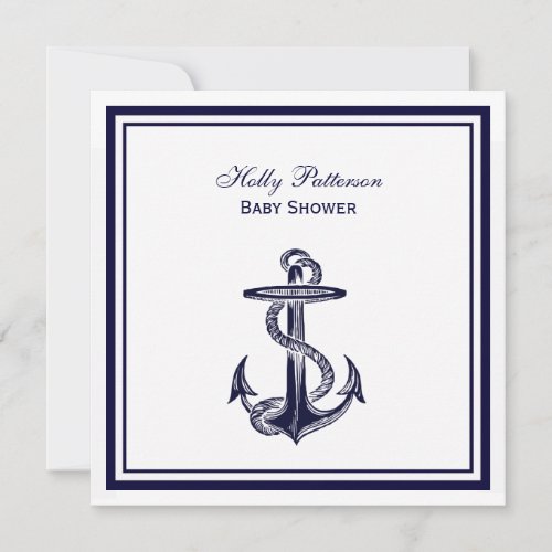 Nautical Anchor Navy Blue Framed 2SQ Baby Shower Announcement