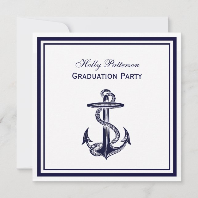 Nautical Anchor Navy Blue Framed 2SQ Graduation Invitation (Front)