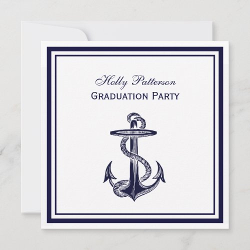 Nautical Anchor Navy Blue Framed 2SQ Graduation Personalized Invites