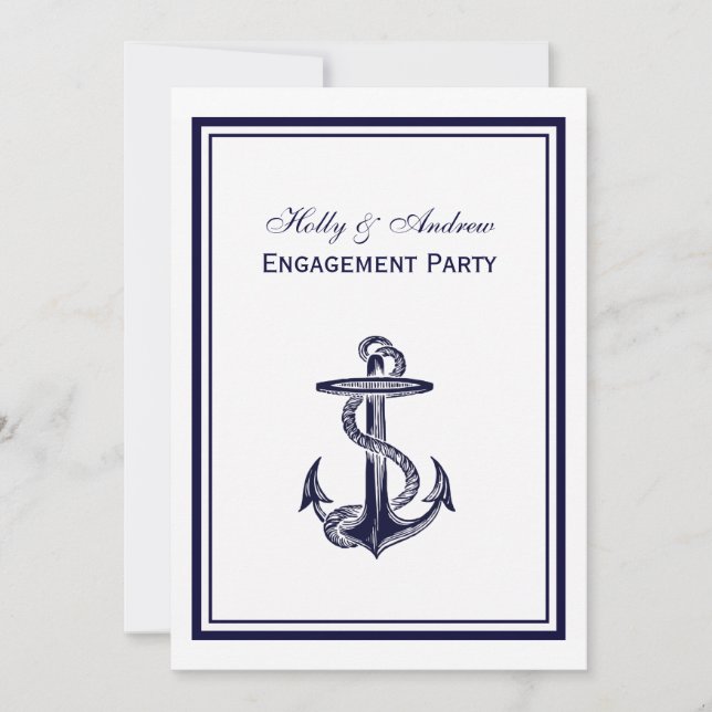 Nautical Anchor Navy Blue Framed 2V Engagement Invitation (Front)