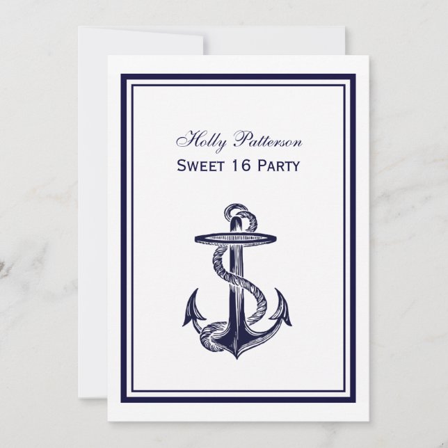 Nautical Anchor Navy Blue Framed 2V Sweet 16 Invitation (Front)