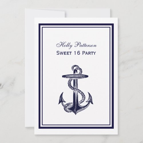 Nautical Anchor Navy Blue Framed 2V Sweet 16 Invitation