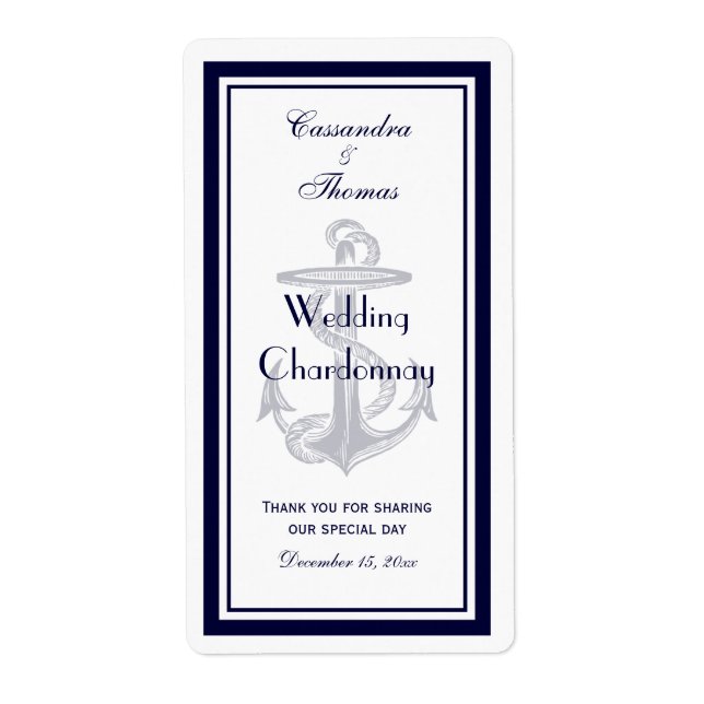 Nautical Anchor Navy Blue Framed V Wine Bottle Label (Front)