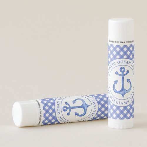 Nautical Anchor Navy Blue Gingham Personalized Lip Balm