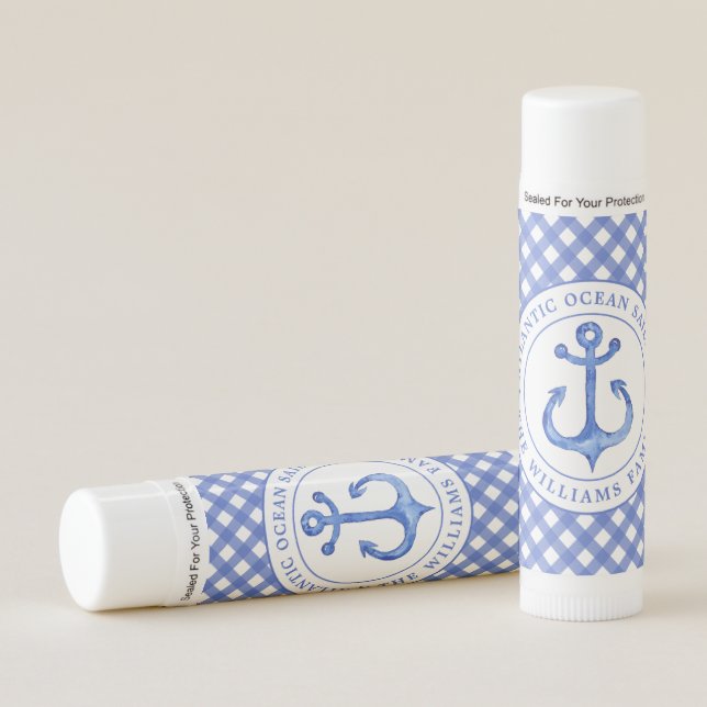 Nautical Anchor Navy Blue Gingham Personalized Lip Balm (Front)