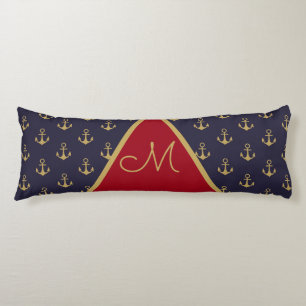 Nautical Anchor Navy Blue Gold Red Monogram Body Pillow