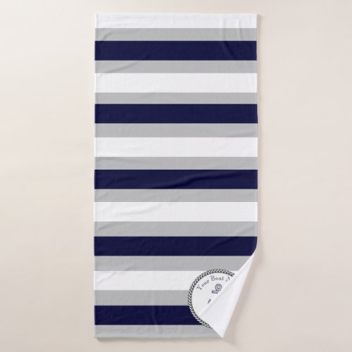 Nautical Anchor Navy Blue Gray White  stripe Bath Towel