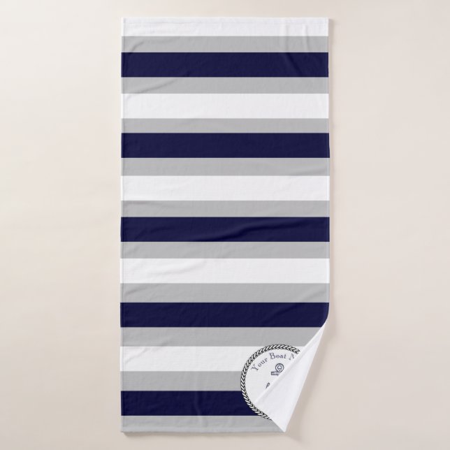 Nautical Anchor Navy Blue Gray White  stripe Bath Towel (Bath Towel)