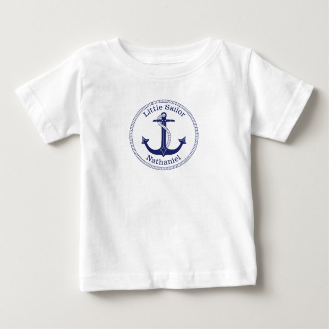 Nautical Anchor Navy Blue Little Sailor Name Baby T-Shirt (Front)