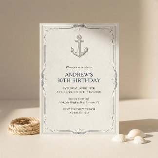 Nautical Anchor Navy Blue Mens Birthday Party Invitation