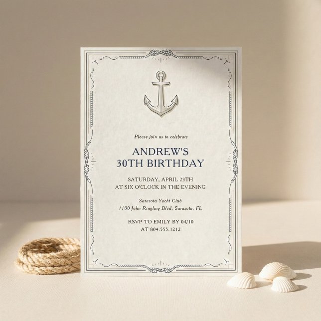 Nautical Anchor Navy Blue Mens Birthday Party Invitation (Nautical Anchor Navy Blue Adult Birthday Party Invitation)