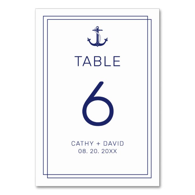 Nautical Anchor Navy Blue Minimalist Wedding Table Number (Front)