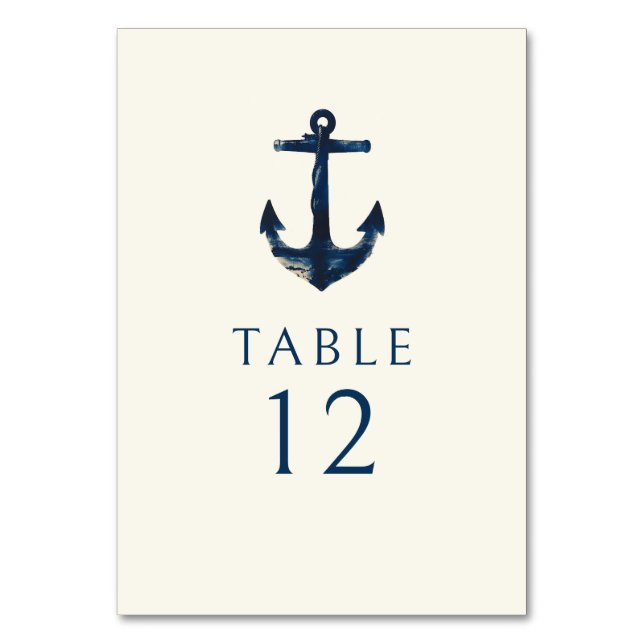 Nautical Anchor Navy Blue Modern Wedding Table Number (Front)