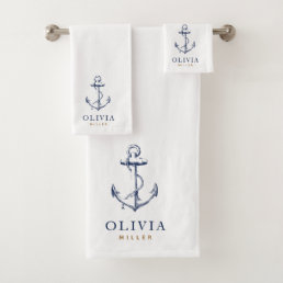 Nautical Anchor Navy Blue Monogram Beach Bath Towel Set
