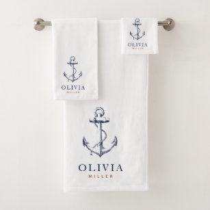 Navy Towels, Anchor Blue Hand Towels, Set of 2 Bath Towels, Ready to Ship,  Nautical Style, Decorated Guest Towels, Made by August Ave 