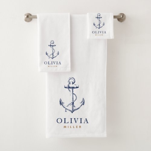 Nautical Anchor Navy Blue Monogram Beach Bath Towel Set