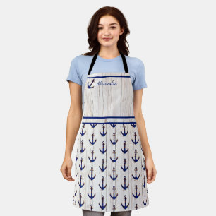 Nautical Anchor Navy Blue Monogram Name White Wood Apron