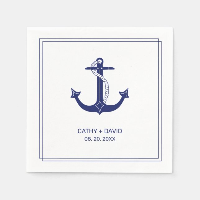Nautical Anchor Navy Blue Monogram Names Wedding Napkins (Front)