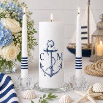 Nautical Anchor Navy Blue Monogram Stripe Unity Candle Set