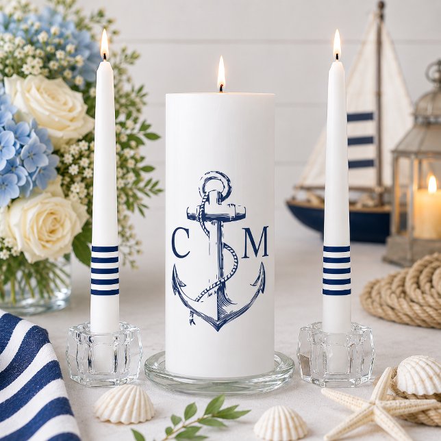 Nautical Anchor Navy Blue Monogram Stripe Unity Candle Set (Decorate your wedding or purchase for your home these nautical monogrammed unity candles.
)